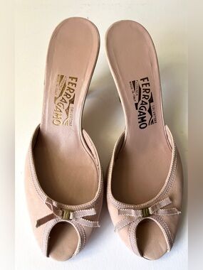 Salvatore Ferragamo Blush Pink Peep-Toe Slingback Heels with Bow Detail